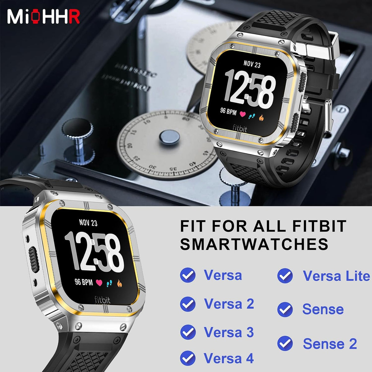 MioHHR Stainless Steel Case and Band Compatible with Fitbit Versa 4/3/2/Lite/Sense/Sense 2 Bands with Metal Case, Rugged Sports Protector Cover Silicone Wristbands for Men, Silver/Gold