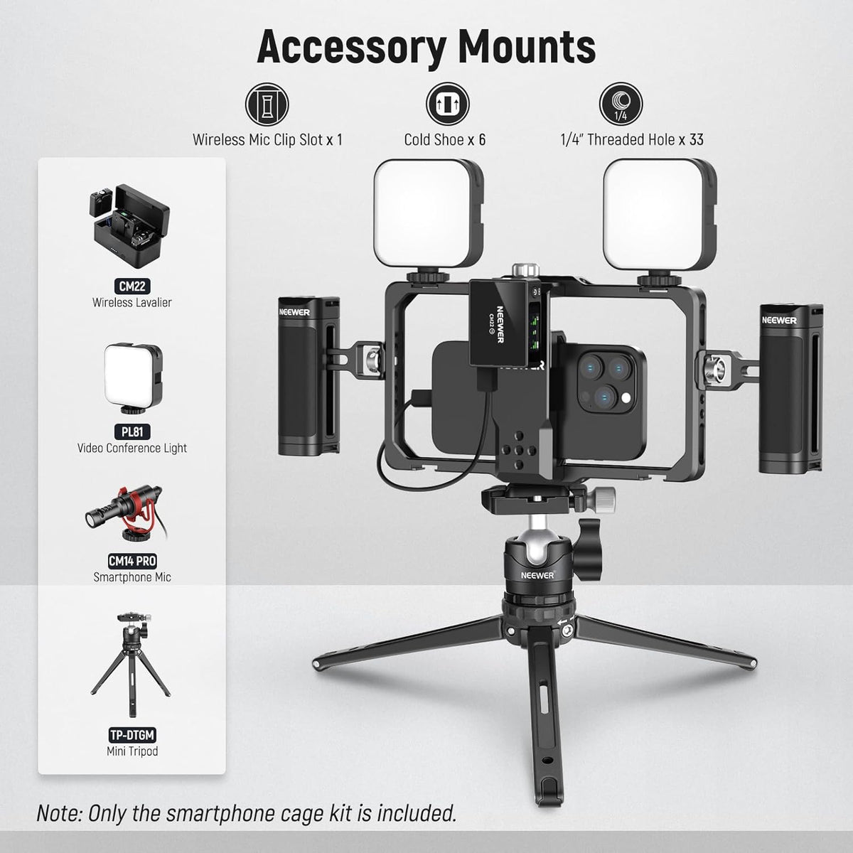 NEEWER Upgraded Phone Rig Vlogging Kit, Video Stabilizer with Dual Handle, Wireless Mic Clip Slot for Tiktok/YouTube, Compatible with SmallRig iPhone 16 15 14 Pro Max Plus 13 Galaxy S23, PA009