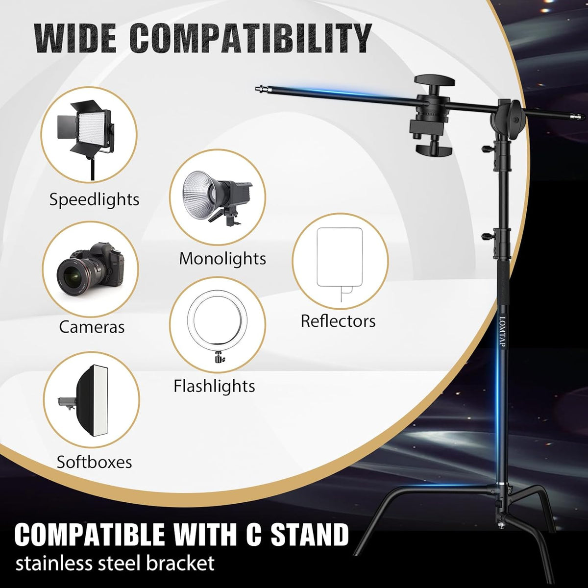 LOMTAP C Stand Light Stand Stainless Metal Photography Kit - Heavy Duty 10.8ft/330cm Vertical Pole, 4.2ft/128cm Boom Arm, Adjustable Base, Water Sandbag, 2 Grip Heads, 3 Clips for Softbox, Reflector