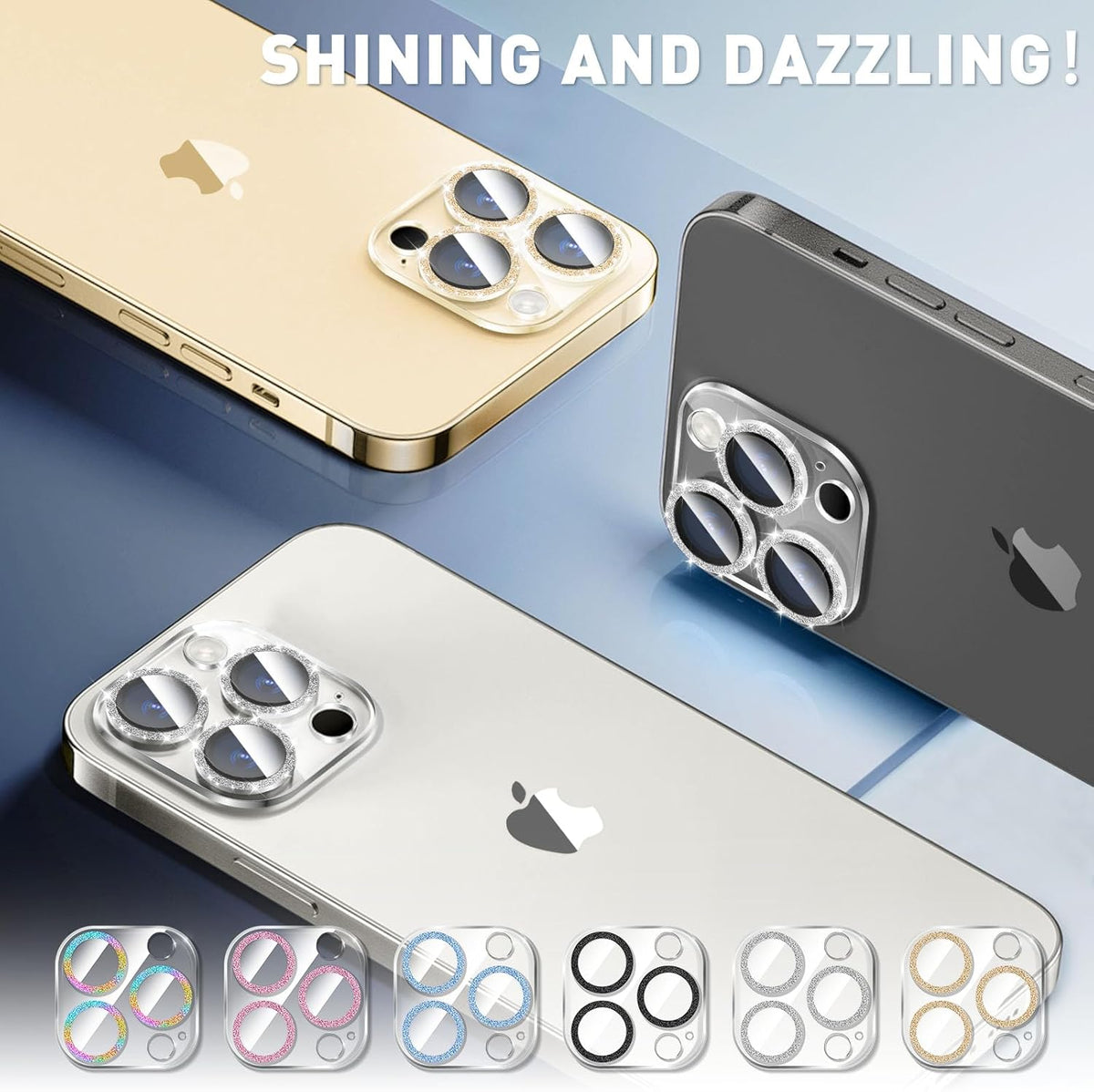 LucBuy 3PCS Sparkling Camera Lens Protector for iPhone 12 Pro, Full Clear Acrylic Cover with Shiny Colorful Glitter Designed Decoration Back Camera Protector
