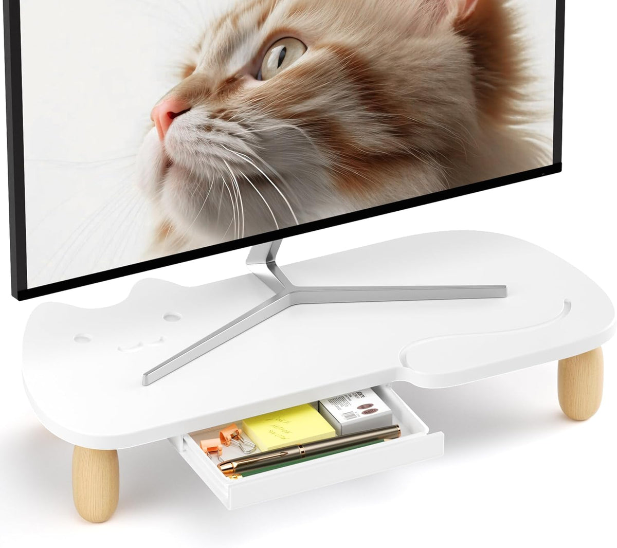 AFOOYO Monitor Stand Riser,Cat-Shaped Sturdy Wood Computer Monitor Stand, Monitor Stand Riser, Multi-Purpose Desktop