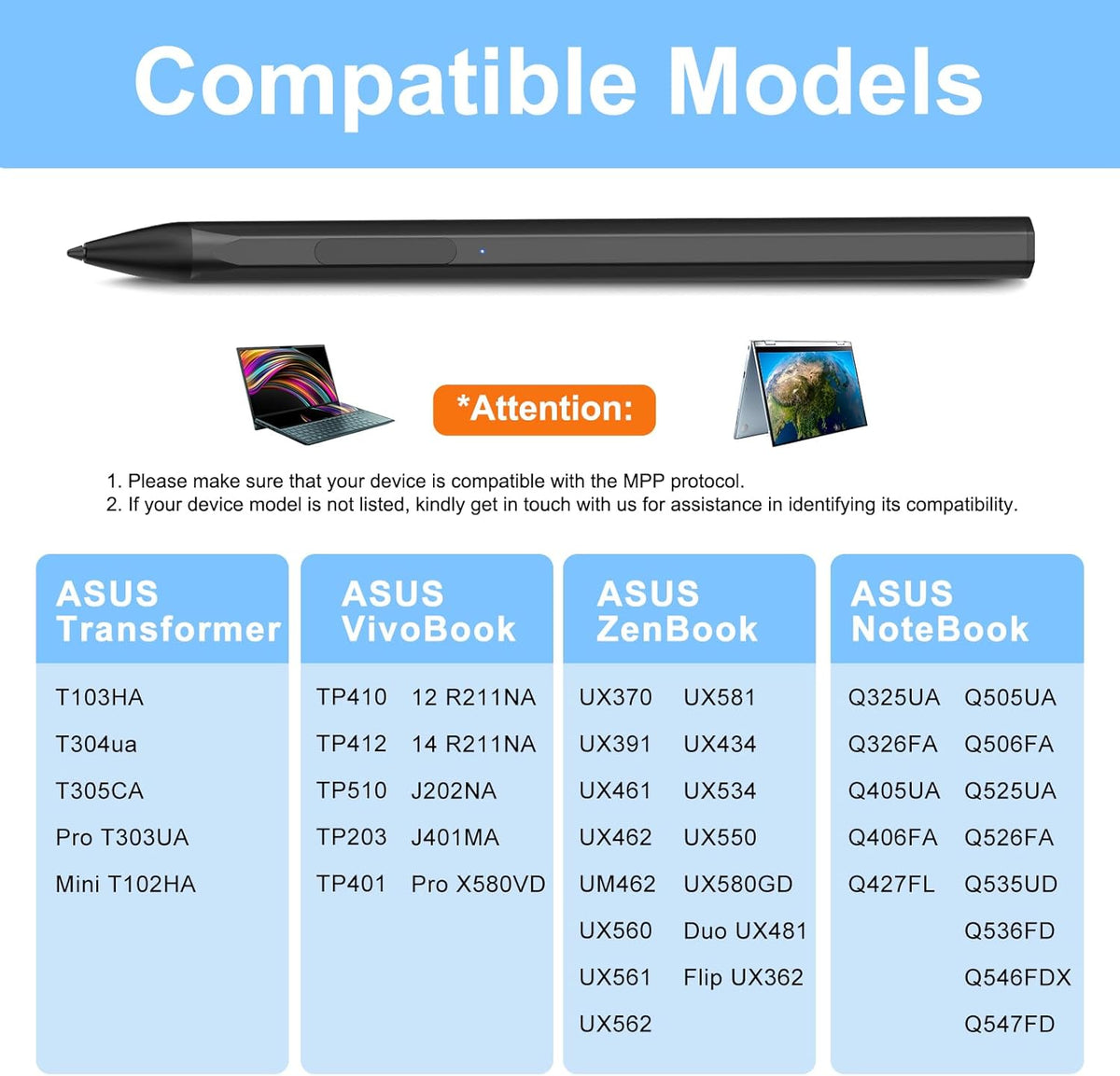 ASUS Stylus Pen for Transformer/Vivobook Flip/Notebook Touchscreen Laptop/Tablet - Rechargeable, 4096 Pressure Sensitivity, Microsoft MPP Protocol, Black