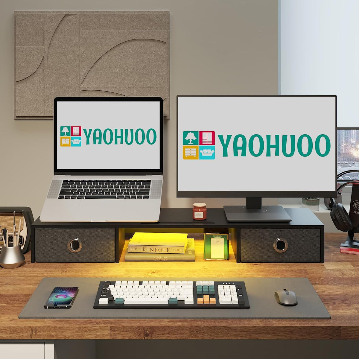 2 2 YAOHUOO Dual Monitor Stand with LED Light Drawers, Computer Monitor Riser for Monitors, Large Desktop Organzier