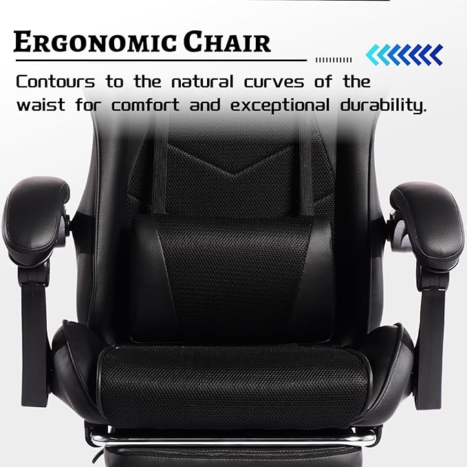 E-Sports Game Desk Chair Ergonomic Computer with Footrest and Comfy Lumbar Support for Adults PU Leather Recliner with Headrest Fixed Up Armrest Height Adjustable with 360° Swivel (Black)
