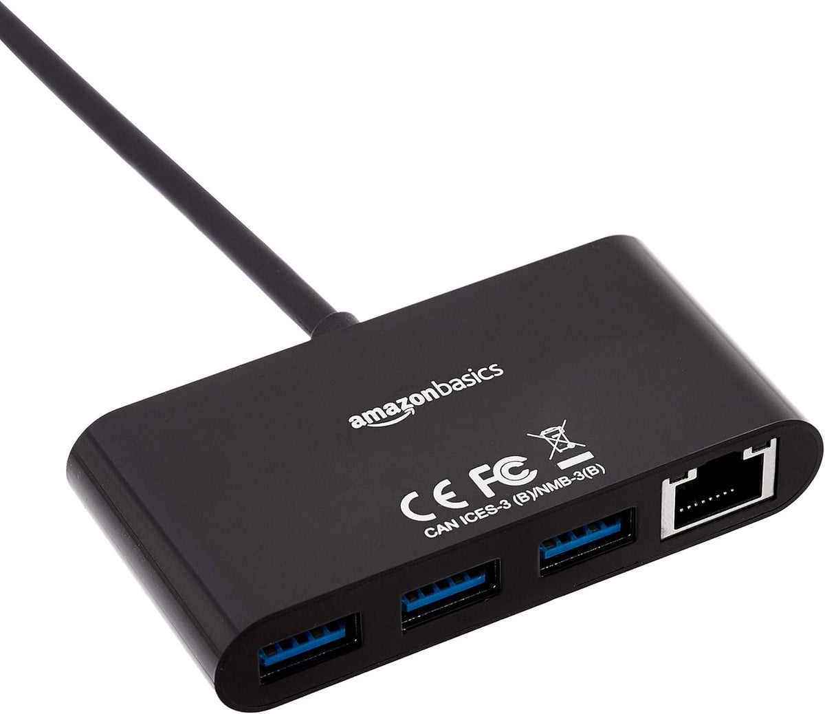 Amazon Basics 4-Port Adapter With 3 USB 3.0 USB-A Ports & 1 RJ45 Gigabit Ethernet Port, Black
