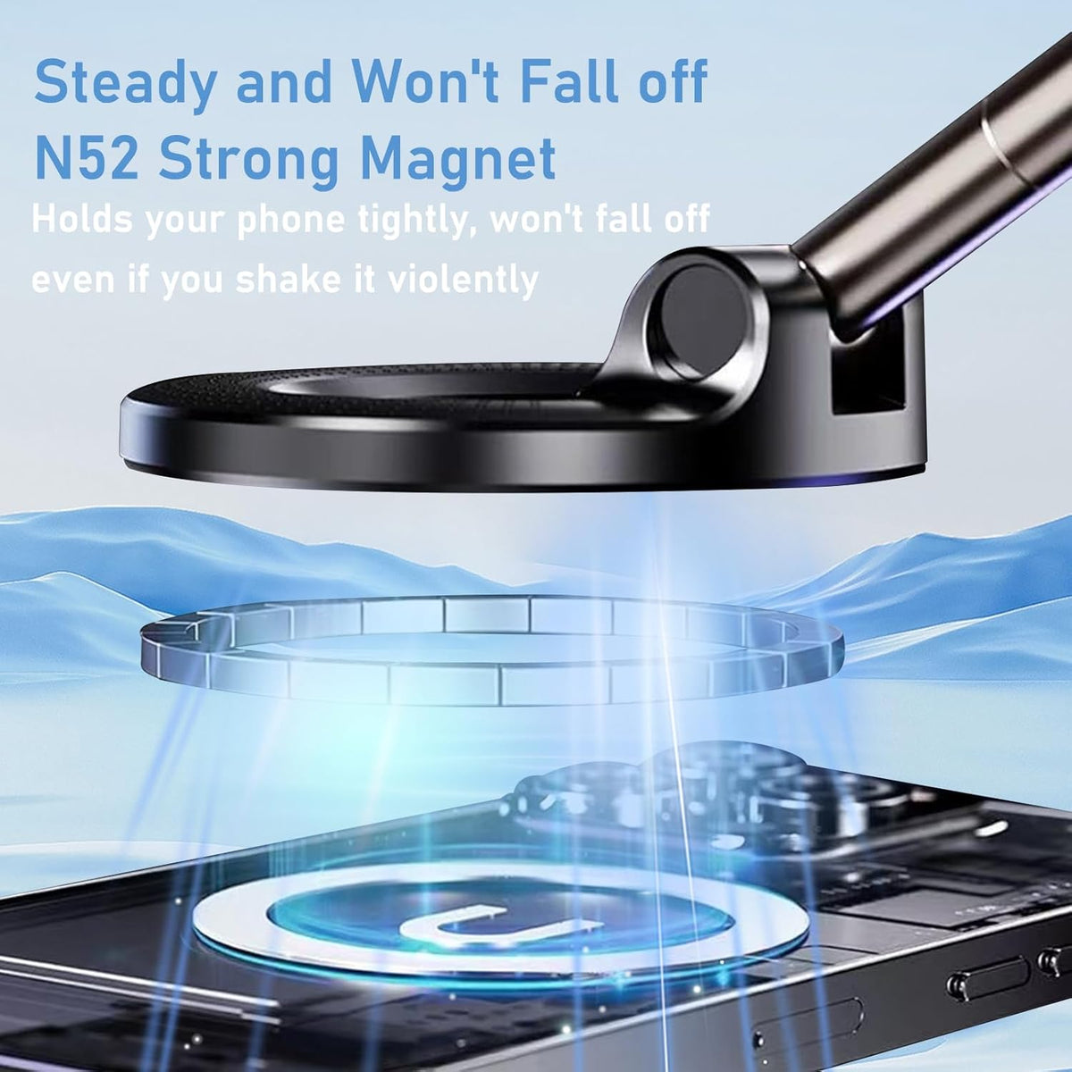 Vacuum Magnetic Phone Holder, 360° Adjustable Magnetic Car Mount, Foldable Portable Suction Cup Cell Phone Mount for Car/Gym/Mirror/Shower, Compatible with All Smartphones & All Car Models