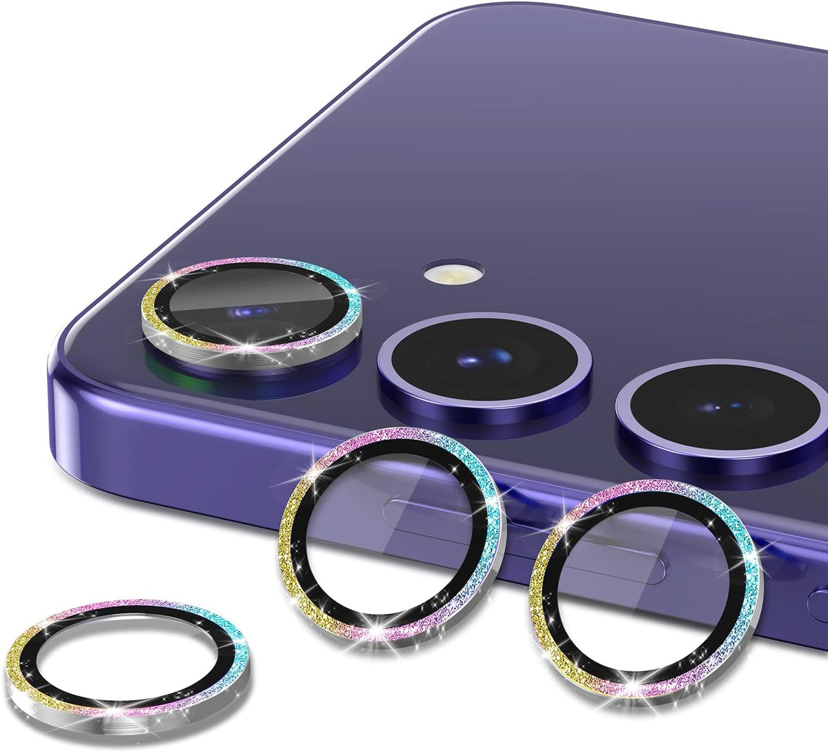 for Samsung Galaxy S24 Camera Lens Protector, Individual Metal Ring Tempered Glass Lens Cover, [Strong Adsorption] Scratch Resistant Ultra-Thin HD Clear Lens Cover, 1 Set-Colorful Sparkly