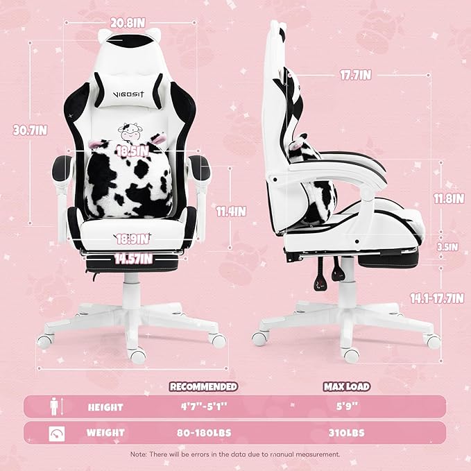 Cute Gaming Chair for Girl Ergonomic Cat Computer Chair with Armrests High Back Video Game Chairs with Footrest and Massage Lumbar Support for Teen &amp Woman Adjustable Height (Black+White)