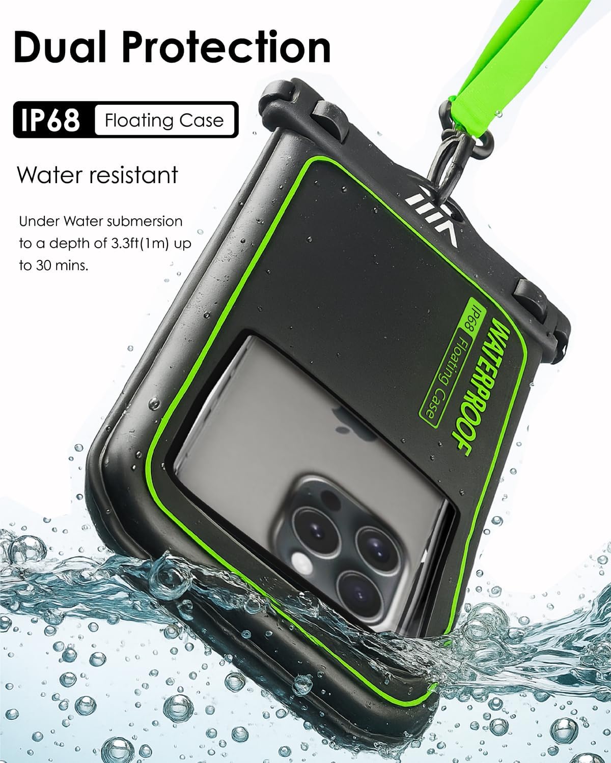 【2025 Upgraded】 4 Pack Black - IP68 Waterproof Phone Pouch Floating Design No Sink Waterproof Phone Case - Beach Pool Travel Essentials - Works w/All Phones - Detachable Lanyard - Black/Hi-Vis Green