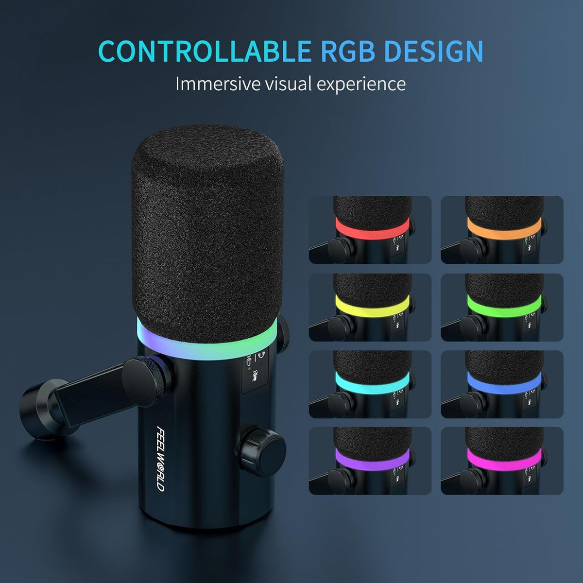 FEELWORLD PM1 XLR USB Dynamic Microphone Gifts for Podcast Recording PC Computer Gaming Live Streaming Vocal Voice-Over, Studio Metal Mic with Voice-Isolating, RGB Light, Mute Button, Headphones Jack