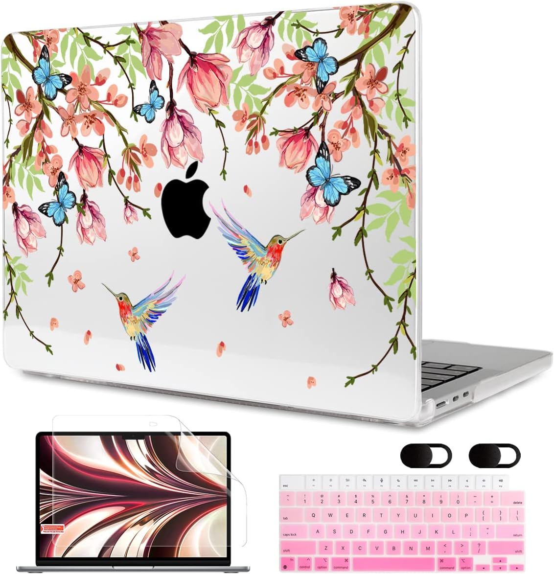 MEEgoodo Case for M4/M3/M2 MacBook Air 13.6 inch Case 2025 2024 2022, Fit Model A3240/A3113/A2681, Laptop Hard Shell with Keyboard Cover Compatible with MacBook Air 13 inch, Birds & Flowers