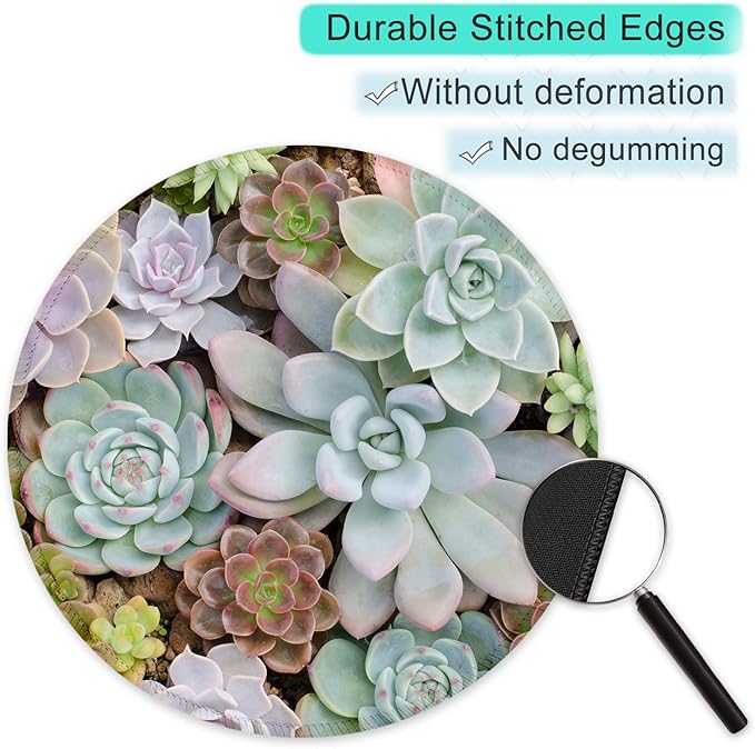 ITNRSIIET Round Mouse Pad with Stitched Edge Premium-Textured Waterproof Non-Slip Rubber Base Desktop Protection Mat Diameter 8.7 inches, Succulents