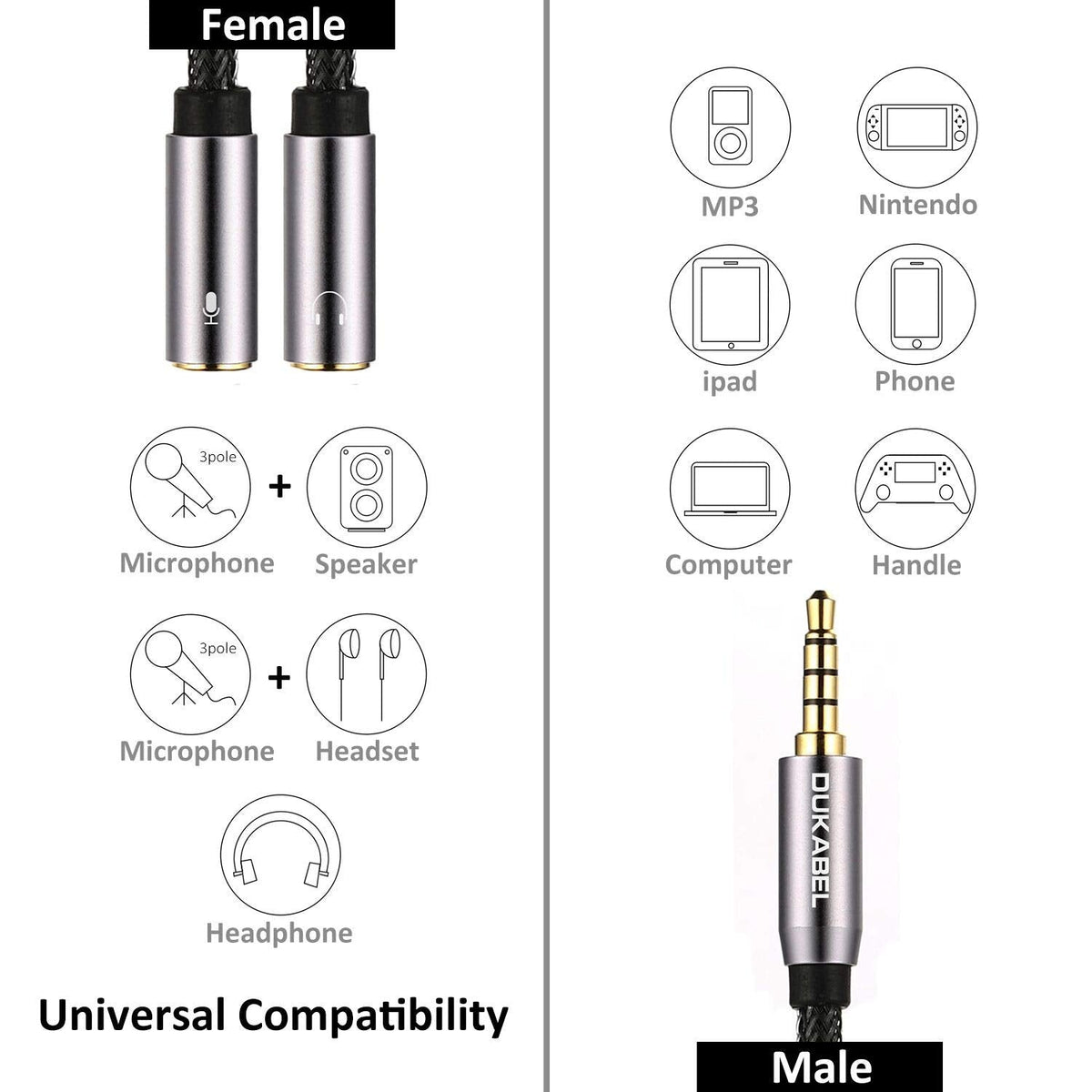 DUKABEL Headsets Splitter Adapter, 3.5mm Jack Separate Headphone & Mic Plug Adapter 3.5mm Combo Audio Adapter Cable for PS4 Gaming Headset PC Xbox One