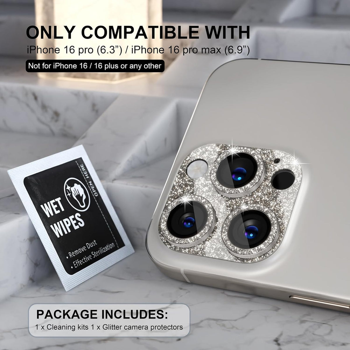 Choiche Compatible for iPhone 16 Pro/iPhone 16 Pro Max Camera Lens Protector, Bling Camera Cover with 9H Tempered Glass Lens Screen Protector Metal Ring Accessories (Glitter-Titanium Natural)