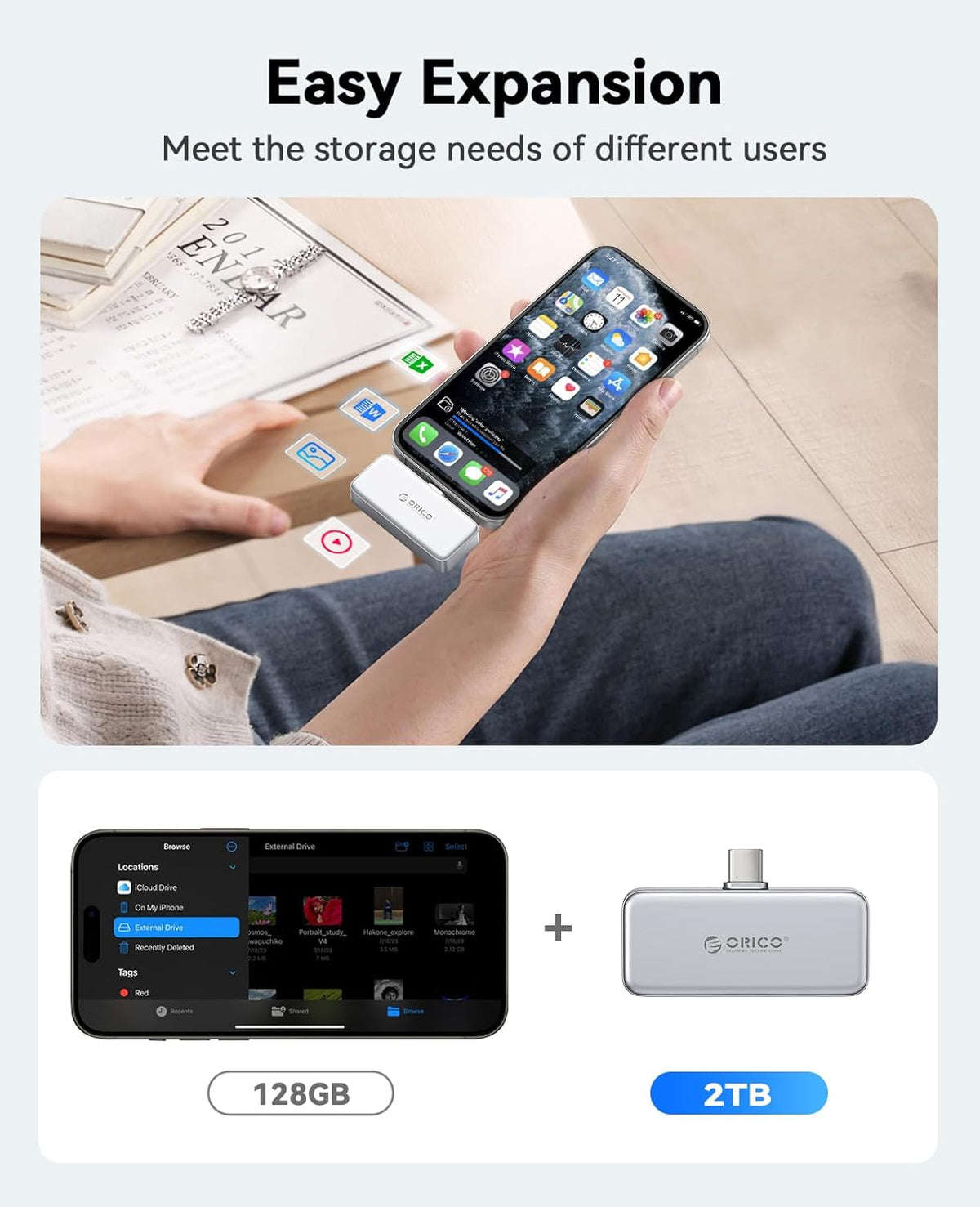 ORICO FlashPod 2TB Portable SSD Up to 2000MB/s, Direct Plug Design, High-Speed External SSD with USB 3.2 Gen2x2 20Gbps Interface, Reliable Storage for iPhone 16 Series, Tablets, Laptops - S20