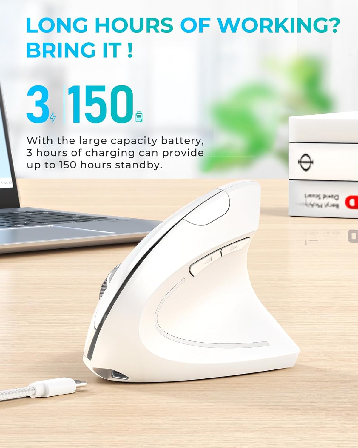 Lekvey Ergonomic Mouse, Vertical Wireless Mouse, Rechargeable 2.4G Optical Carpal Tunnel Mice with USB Receiver: 1000/1200 / 1600 DPI, 6 Buttons, for Laptop, Computer, PC, Desktop, Notebook, White