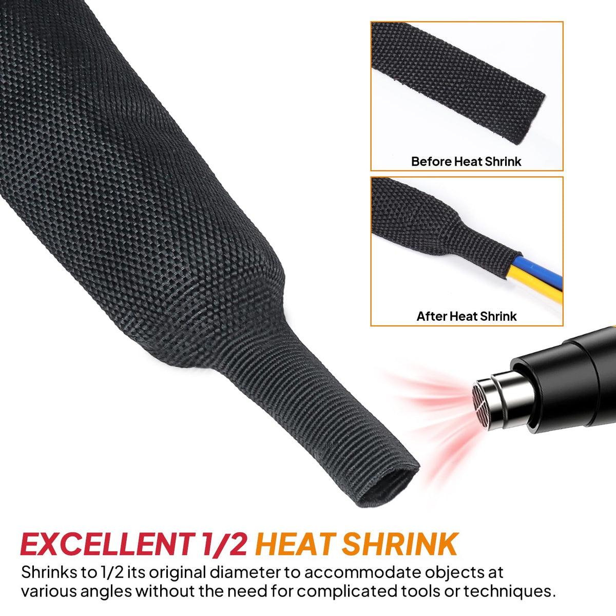 Black 2:1 Ratio Automotive Heat Shrink Braided Sleeving,Wear-Resistant Flat Woven Shrinkable Sleeve Fabric Car Cable Wires Hoses Protection