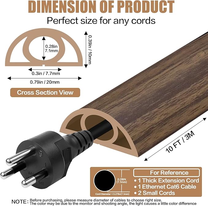 Floor Cord Cover Self Adhesive Cord Hider,10FT Cable Management, Extension Strip Protector for Wires, Prevent Cable Trips for Offices, Gyms, Exhibitions Cavity:0.3"(W) x 0.28"(H) Wood Walnut