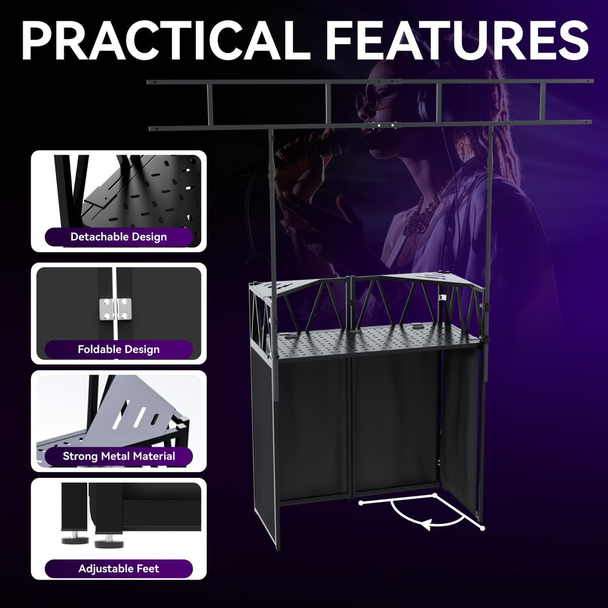 Portable DJ Booth,Foldable DJ Table Stand with Light Stand White & Black Scrim,Adjustable DJ Facade Booth Station Triangle Plate Metal Frame DJ Table with Cable Hole for Private Events, Clubs, Bars