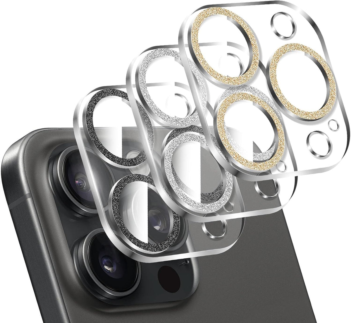 LucBuy 3PCS Sparkling Camera Lens Protector for iPhone 12 Pro, Full Clear Acrylic Cover with Shiny Colorful Glitter Designed Decoration Back Camera Protector