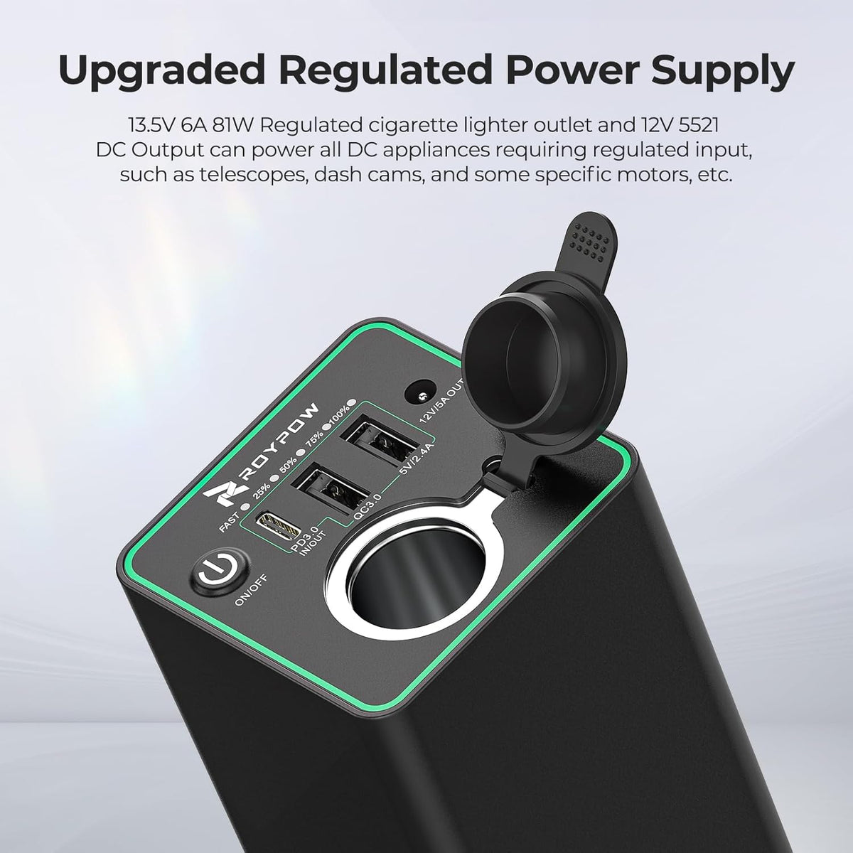 RoyPow 30W PD Portable Charger with 12V 10A Constant Voltage Cigarette Lighter Socket, 86.58Wh USB C Laptop Power Bank, 18W QC & 12V DC Battery Pack, Perfect for Dash Cam Astrophotography or Camping
