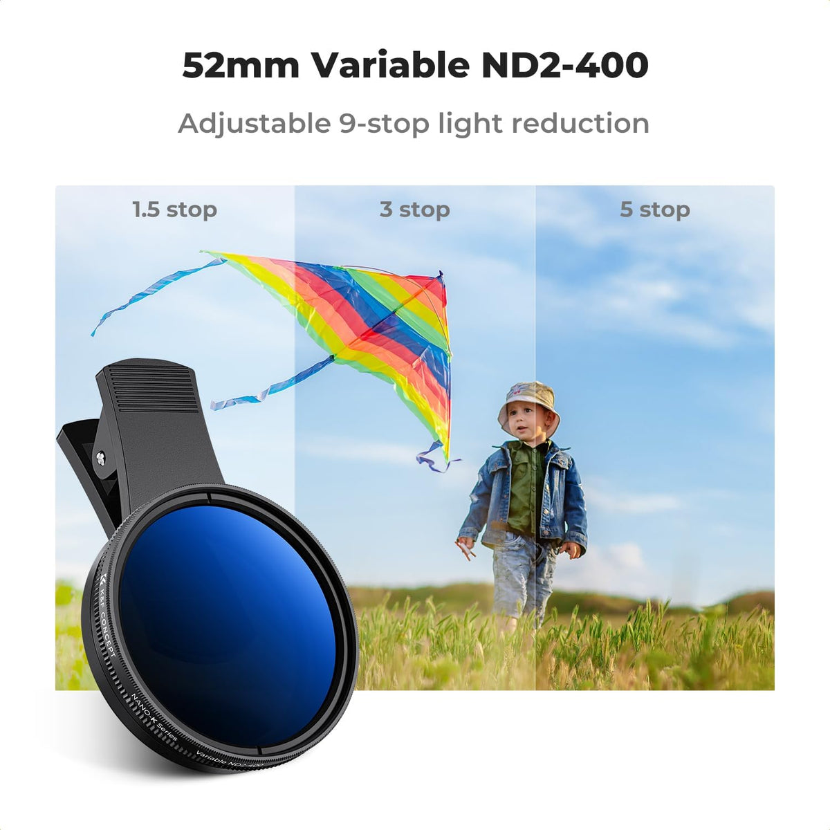 K&F Concept 52mm Clip-on ND2-400 Phone Camera Lens Filter Kit, Adjustable Neutral Density Filter Compatible with iPhone 15 14 13 12 11