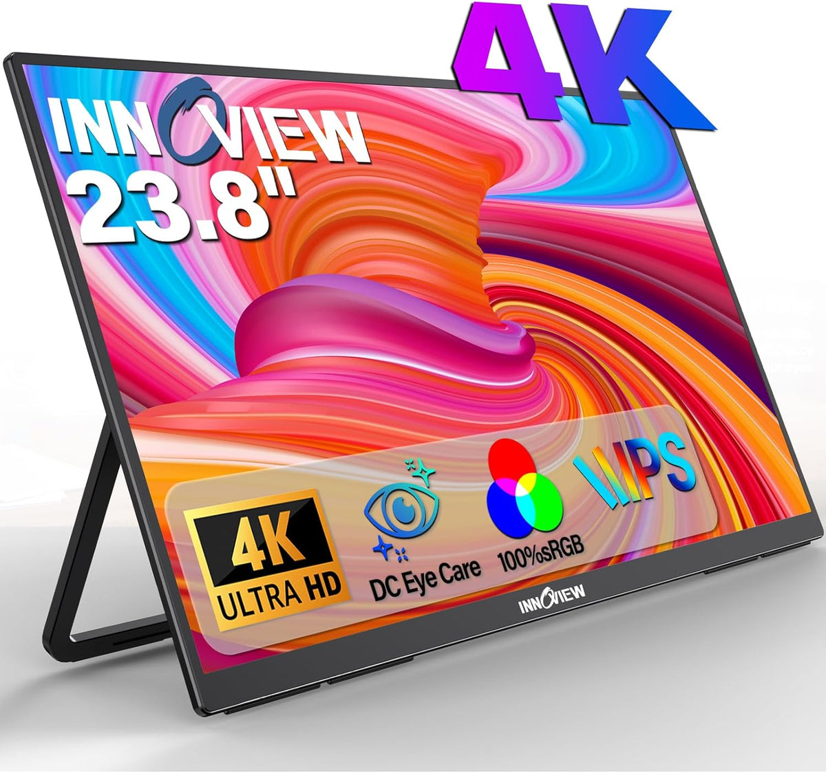 Innoview 23.8” 4K Large Portable Monitor, UHD (3840*2160) 100%sRGB IPS Speakers USB-C HDMI Work Home Second Monitor W/180°Adjustable Stand for Laptop, Desktop, Macbook, Phones, Tablet, PS5/4, Switch