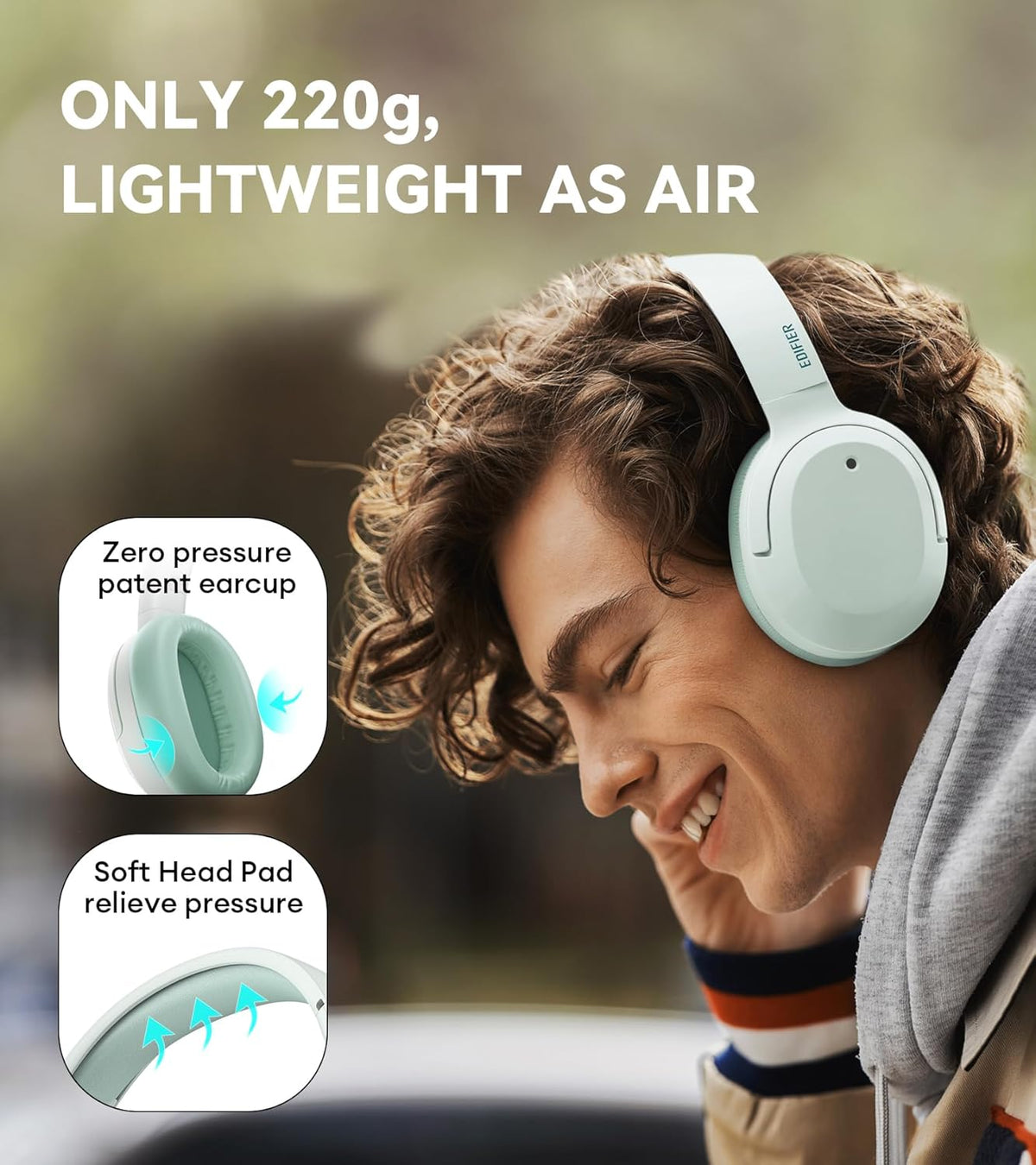 Edifier W820NB Plus Hybrid Active Noise Cancelling Headphones - LDAC Codec - Hi-Res Audio Wireless & Wired - Fast Charge - 49H Playtime - Over Ear Bluetooth V5.2 Headphones- Green