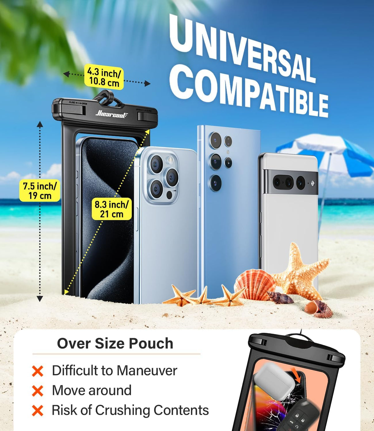 Hiearcool Waterproof Phone Pouch, Universal Case Compatible for iPhone 16 15 14 13 Pro Max Plus Up to 8.3", IPX8 Beach Travel Essentials-Black-2 Pack