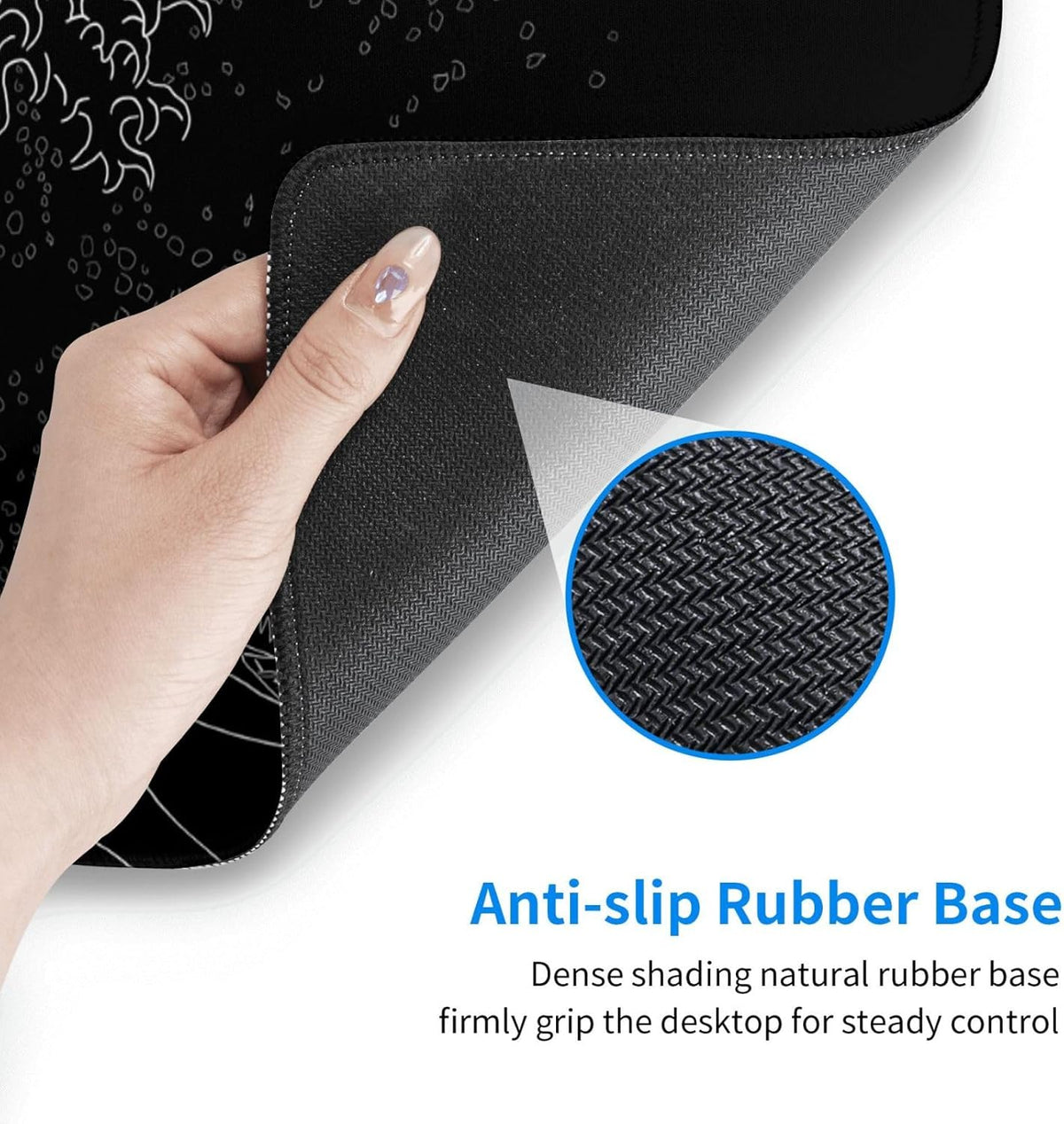 Japanese Gaming Mouse Pad Black Mouse Pad Kanagawa Large Mousepad Non-Slip Rubber Base Waterproof with Stitched Edges for Gaming Office Home, 31.5x11.8 Inch (Black Wave)