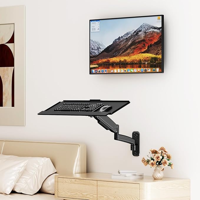 Keyboard Tray Wall Mount,Sit-Stand 26 Inch Keyboard and Mouse Stand,Height Adjustable Typing Platform,360 Degree Rotation, Holds up to 19.8 lbs, Black