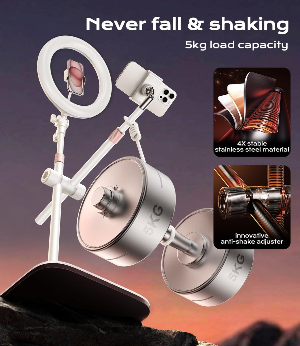 Overhead-Phone-Mount,Stable Overhead-Camera-Mount-Stand [Anti-Shaking] with 10.5" Ring Light, Flexible Desk-Stand for iPhone with Ring-Light for Video-Recording,Zoom Meeting,YouTube,TikTok, White