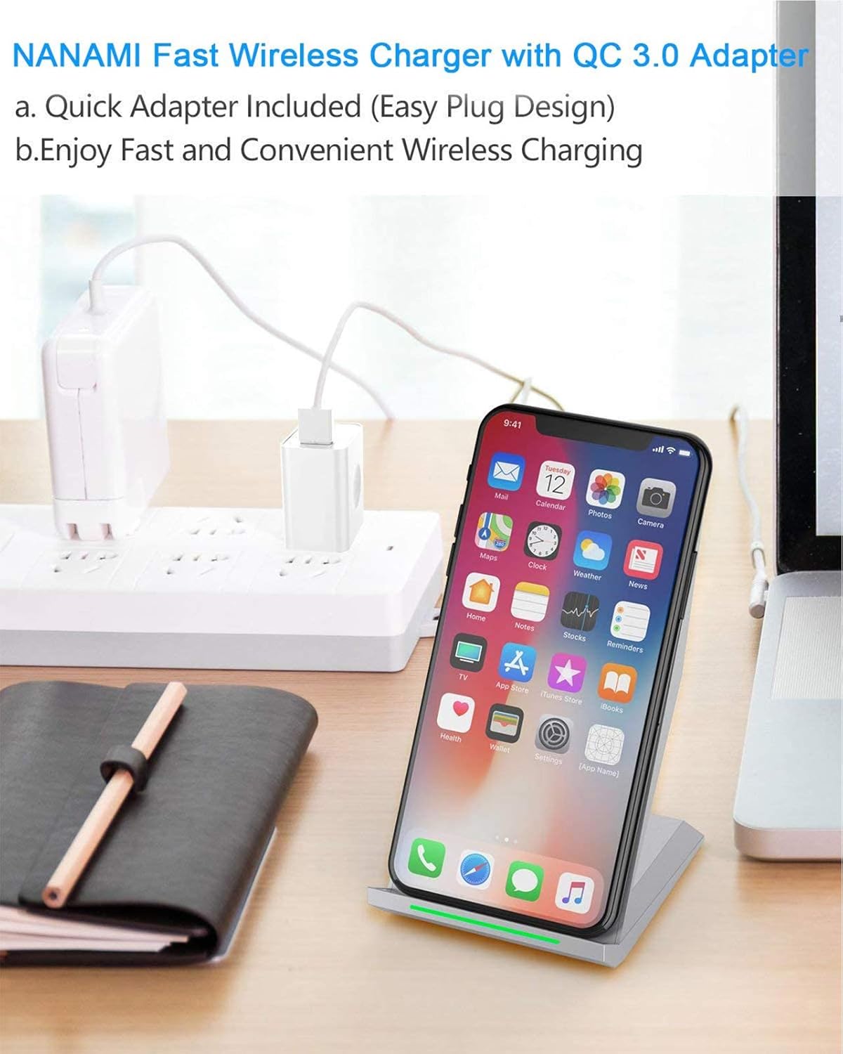 NANAMI Fast Wireless Charger, Qi Certified Charging Stand[with QC3.0 Adapter] 7.5W Compatible iPhone 16/16 Plus/16 Pro/16 Pro Max/15/14/13/12,10W for Samsung Galaxy S24/S23/S22/S21/S20/S10/S9/Note 20
