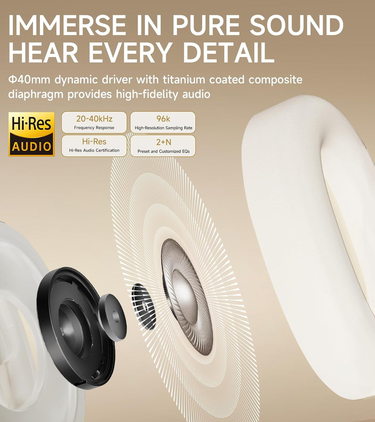 Atom Max - Hybrid Active Noise Cancelling Headphones, Hi-Res Audio, Wireless Over-Ear, Foldable, 45H Playtime, Fast Charging, Customize via an App, Bluetooth v5.4, ANC Headphones, White
