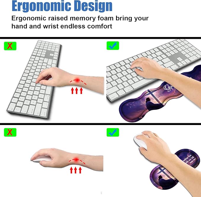 Ergonomic Memory Foam Mouse Pad Wrist Rest Set Large Gaming Desk Pad + Keyboard Wrist Rest + Mouse Wrist Cushion + Coaster for Home Office Study Gaming Christian Cross Quote Bible Verse Psalm 46:5