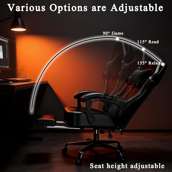 Ergonomic Gaming Chair with Footrest PU Leather Video Game Chairs for Adults Comfortable Computer Chair for Heavy People Reclining Gamer Chair Office Chair with Lumbar Support Dark Black