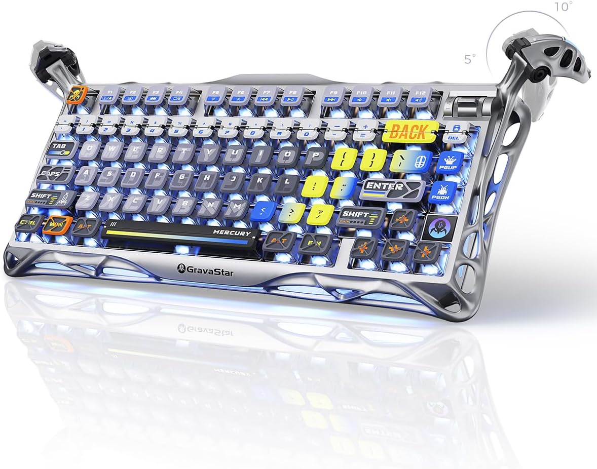 GravaStar Mercury K1 Pro Wireless Mechanical Gaming Keyboard, 75% Layout RGB Custom Keyboard, Hot-Swappable Linear Switches – Aluminum Alloy, Interstellar Silver Brushed Metal Look
