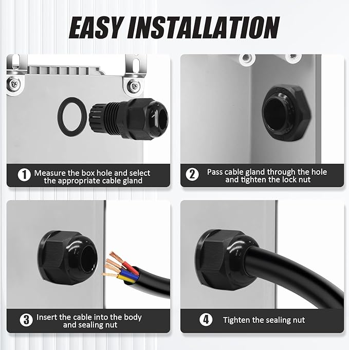Kyuionty 12 Pcs Nylon Cable Glands, Black Strain Relief Cable Cord Connector IP68 Waterproof Junction Box Wire Protectors Adjustable (6 Pcs 3/4" NPT + 6 Pcs 1/2" NPT)