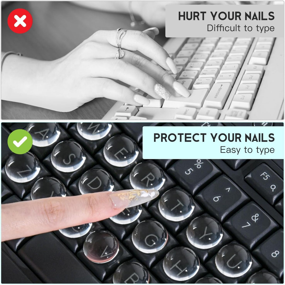DAMMOMKO 54PCS Keyboard Stickers for Long Nails - Clear Glass Long Nail Keyboard Cover Bubbles, Raised Nail Art Typing