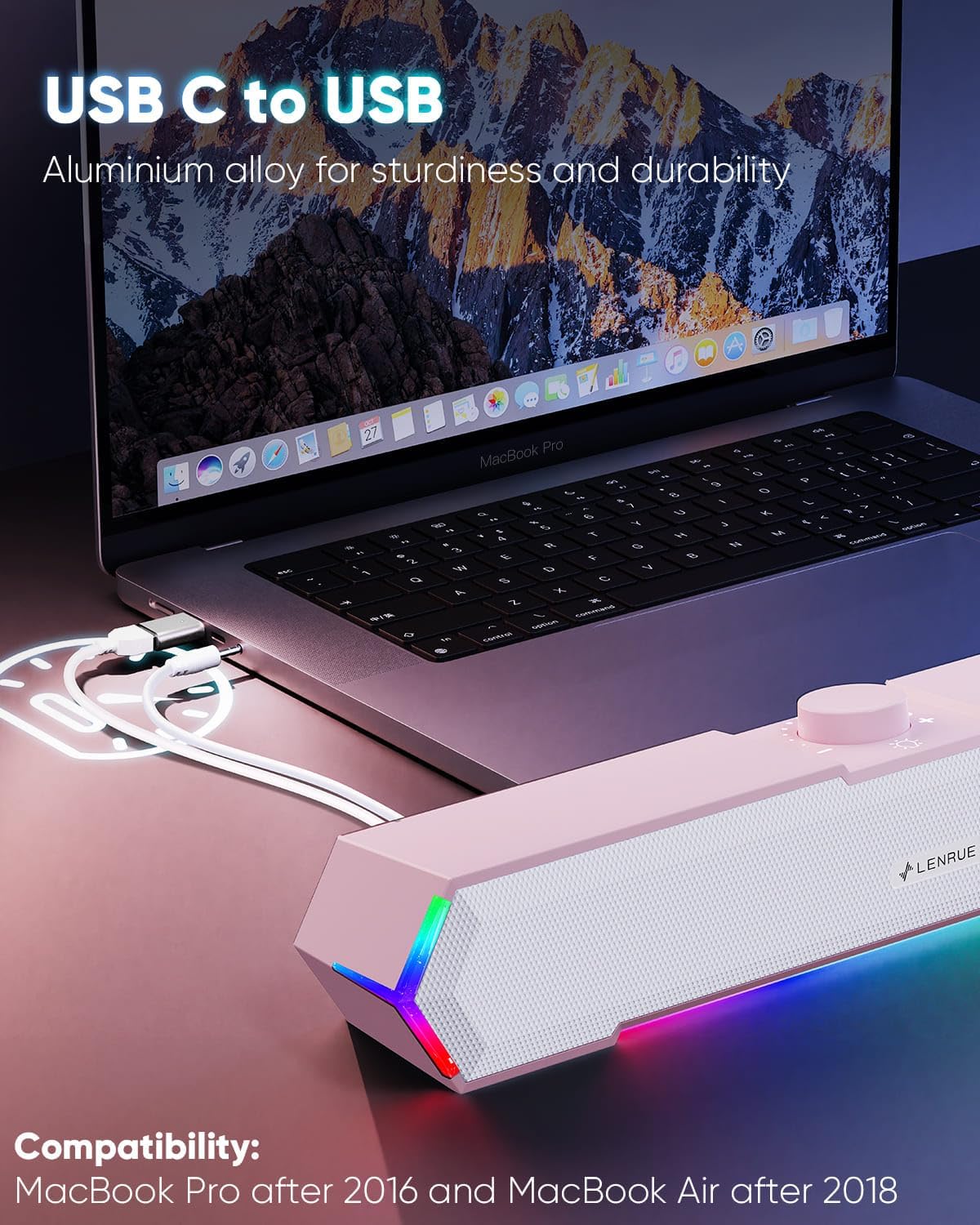 LENRUE G11 Computer Speakers for Desktop, Touch Lights PC Speakers with Surge Clear Sound, USB C/USB Powered for Computer Desktop PC Laptop Monitor(Pink)