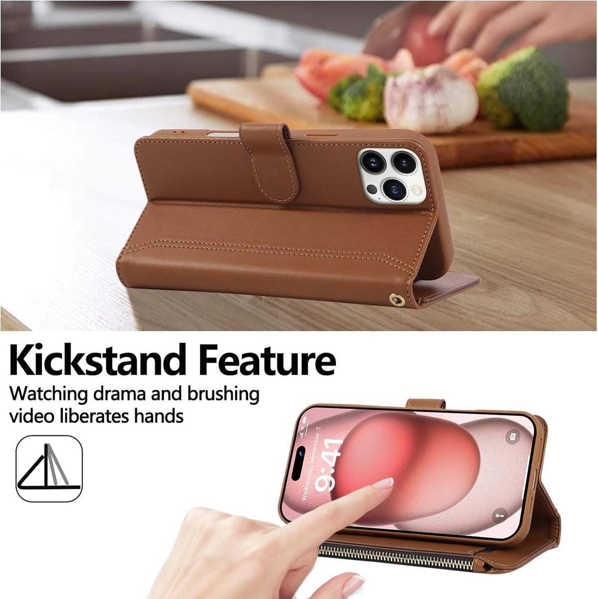 Compatible with iPhone 12 Pro Max Wallet Phone Case-PU Leather Magnetic Flip Cover with Credit Card Slots,Zipper Pocket & Detachable Wrist Strap,Shockproof Design,for Women and Men-Brown