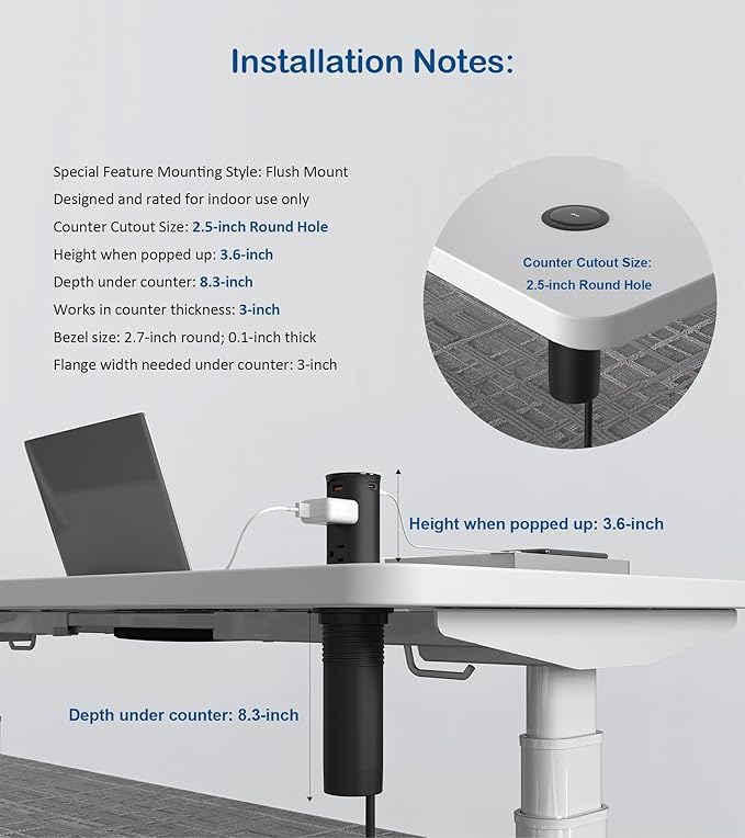 Jgstkcity Pop up Countertop Outlet,2.5in Hole Desk Grommet,65W USB