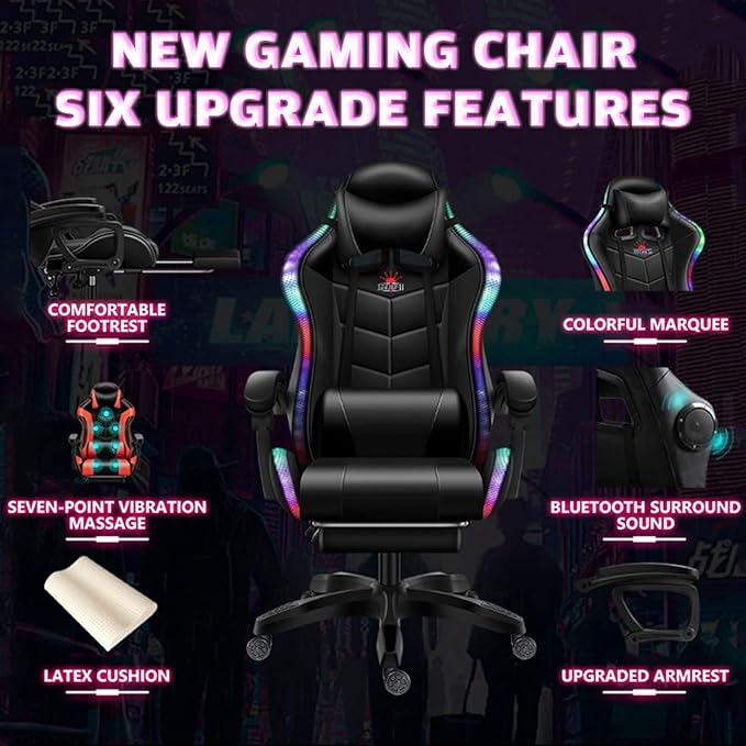 Video Gaming Chair with Speakers and RGB Lights Ergonomic Chair with Seven-Point Massage Function Computer Chair with Footrest and Lumbar Support Gaming Chairs for AdultsPink