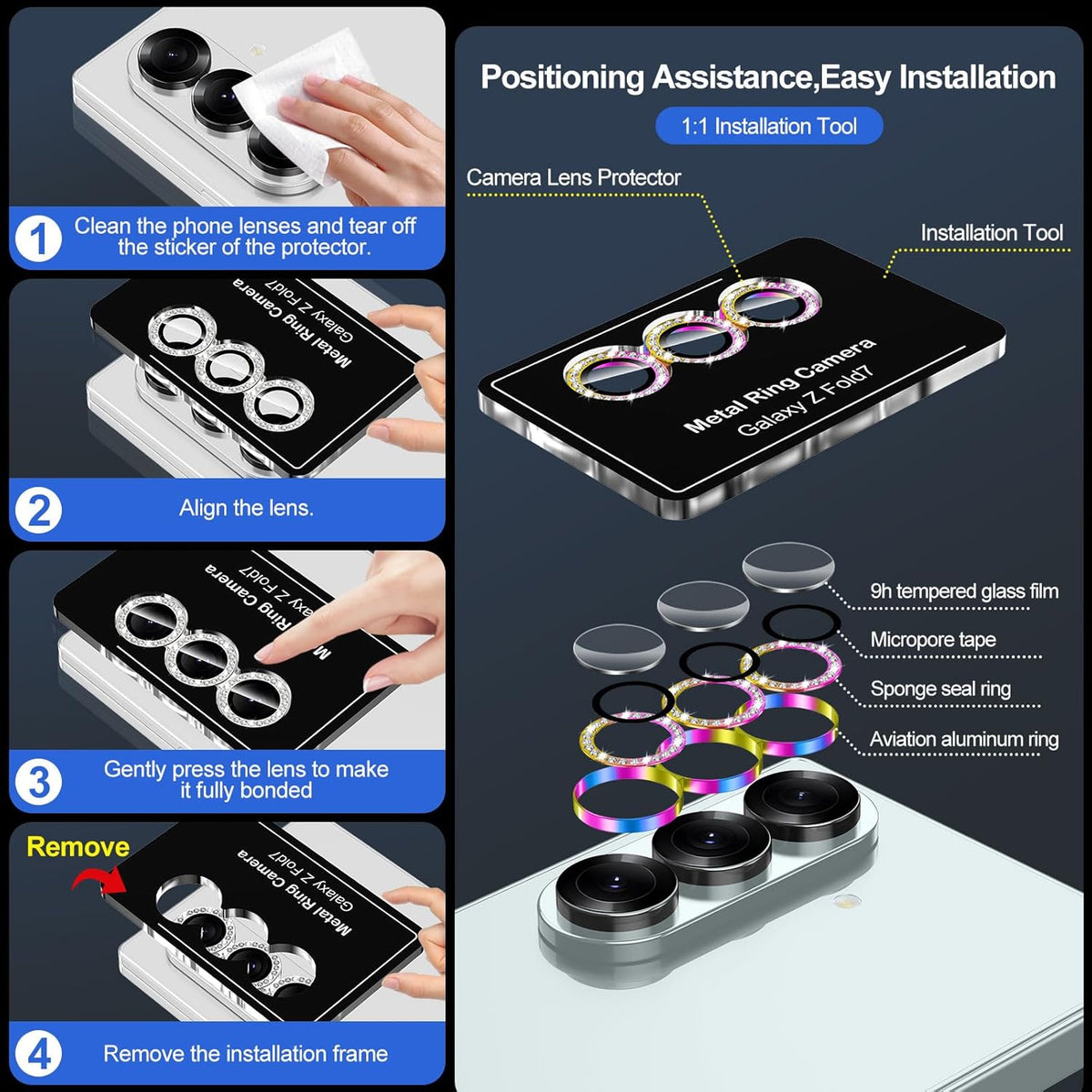 for Samsung Galaxy Z Fold 7 Camera Lens Protector, Individual Metal Ring Tempered Glass Lens Cover, [Strong Adsorption] Scratch Resistant Ultra-Thin HD Clear Lens Cover, 1 Set-Colorful Diamond