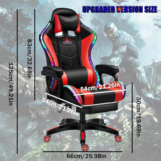 Gaming Chair with RGB LED Lights Video Game Chair Massage Gaming ChairAdjustable Reclining Office Swivel Chair Ergonomic High Back Computer ChairPink