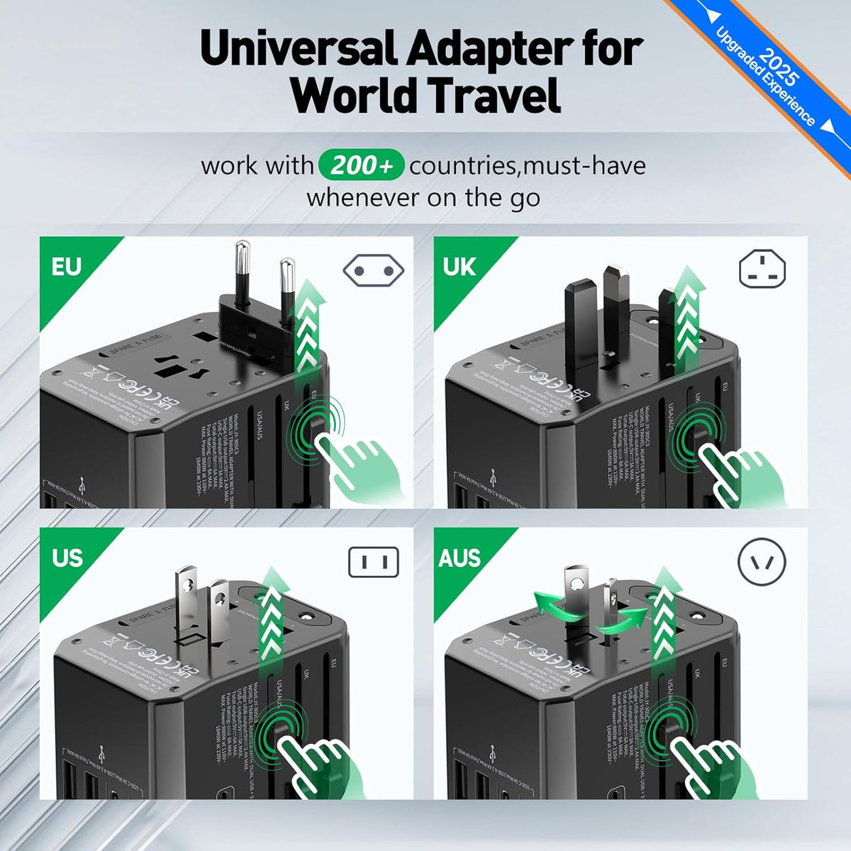 Universal Travel Adapter International Plug - European Travel Plug Adapter Worldwide US AUS EU UK Spain Germany Ireland Italy - All-in-one Travel Outlet Power Adapter with 3 USB C 2 USB A