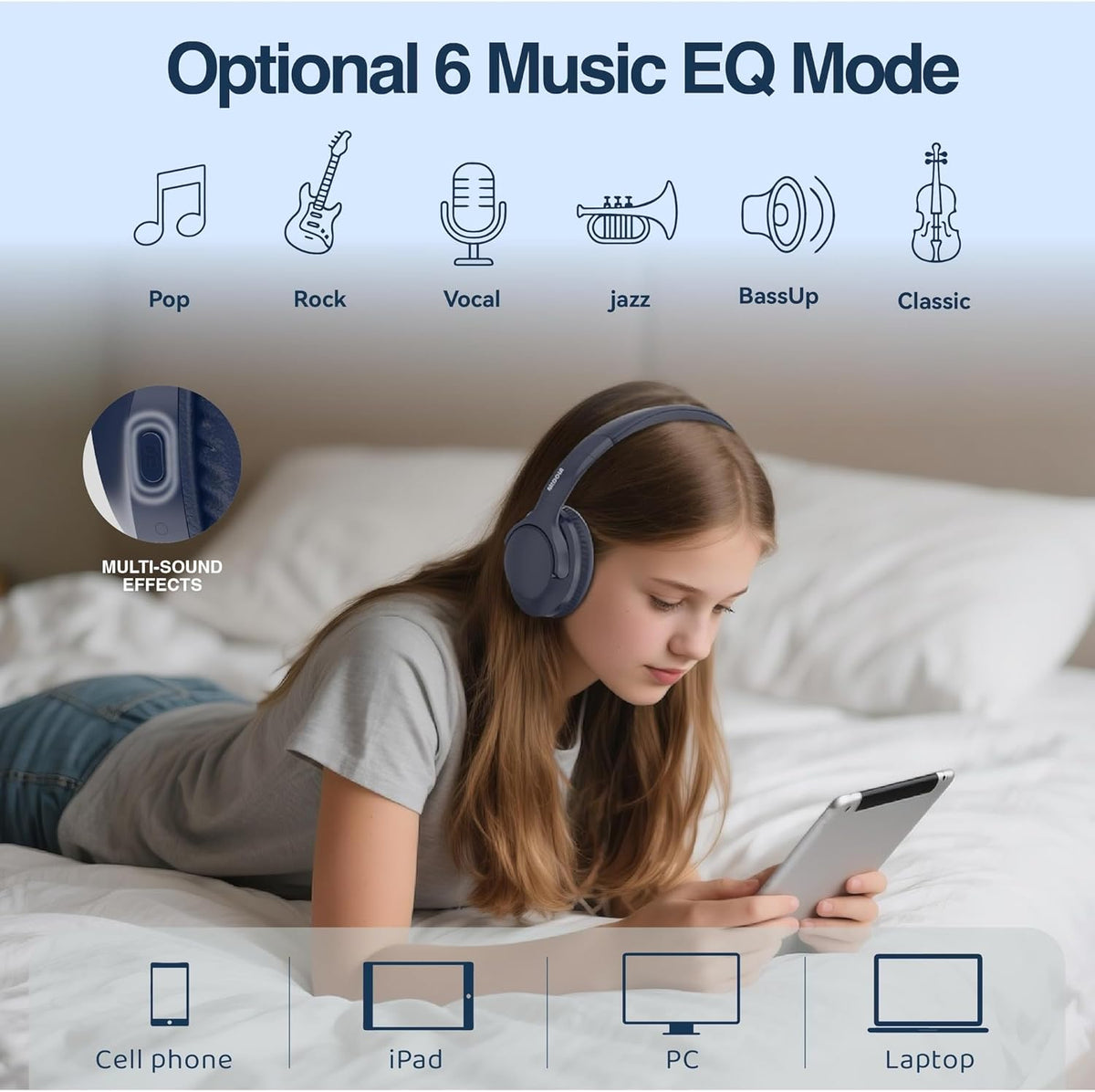 MIDOLA Bluetooth Headphones Over Ear 68H Playtime 6 EQ Wireless Headset with Microphone HiFi Stereo Foldable Lightweight Deep Bass for Travel Home Office Cellphone Blue