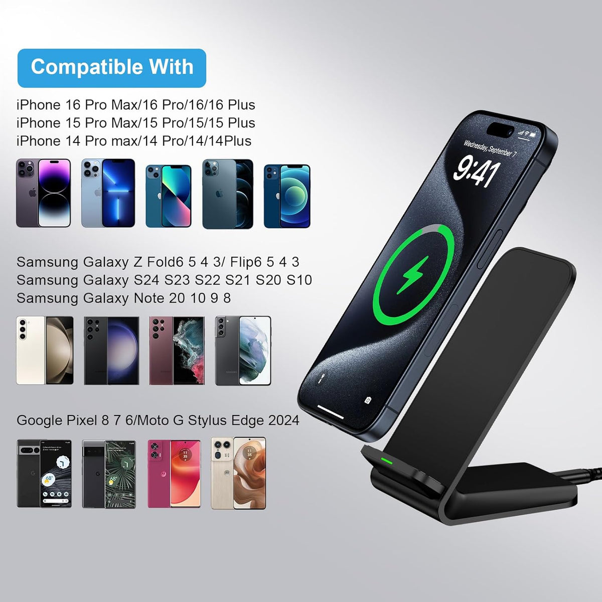 Pixel 9 10 Wireless Charger 15W Fast Charging for Google Pixel 10 9A 9 Pro XL Fold 8A 8 Pro 7A 7 6 Pro,Android Wireless Phone Charging Stand & QC Charger for Samsung Galaxy Z Fold Flip 6 S25 S24 S23