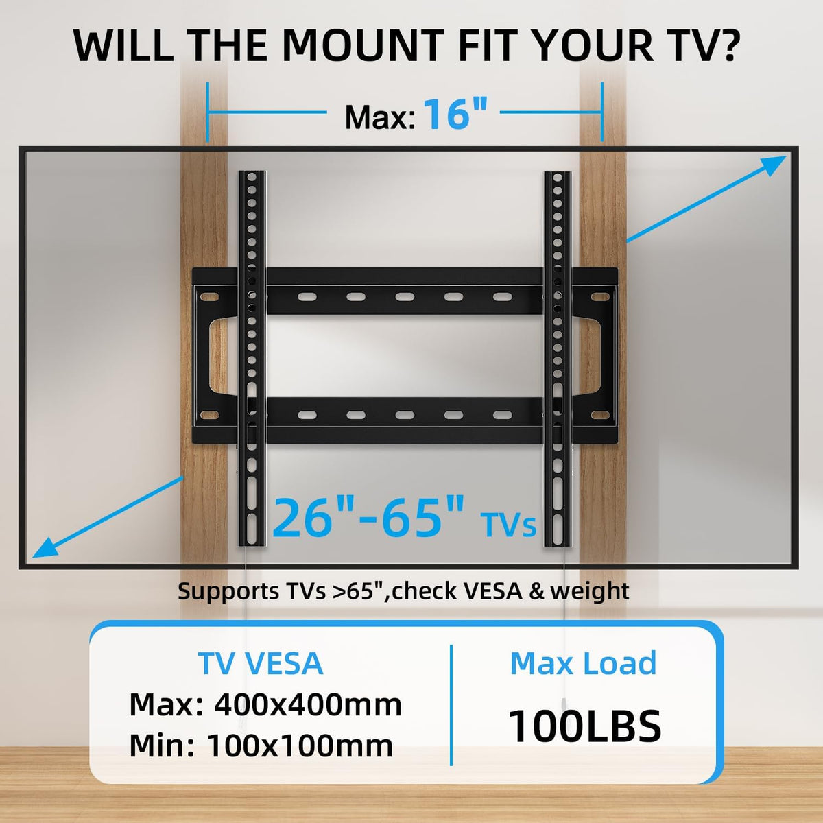 HOME VISION 26-65 Inch 400X400mm 99Lbs 16 Inch HV8401 TV Wall Mount Fixed for Most Flat/Curved TVs with Max VESA up