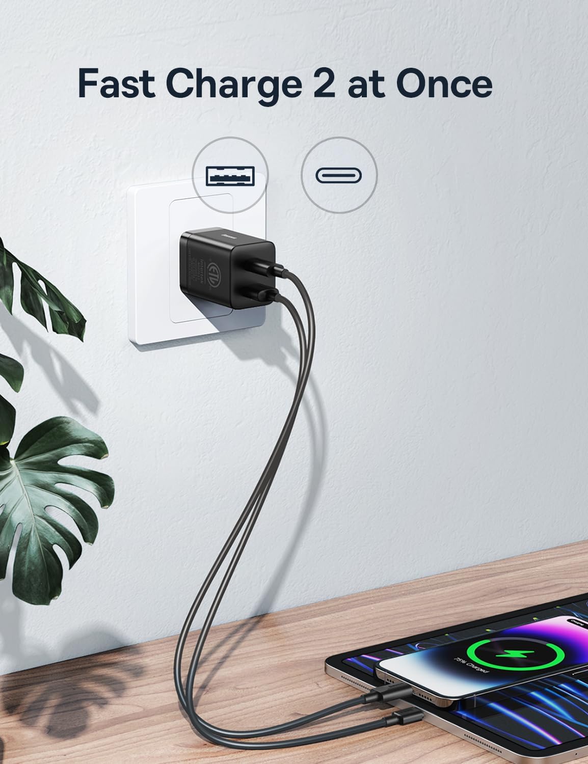 Baseus 30W Dual Port USB C PD Charger Block, Foldable PPS GaN Fast Charger Power Adapter for iPhone 16/15 Pro Max/14 Pro/13, Galaxy S24 Ultra/S23, Google Pixel 6, iPad, Black